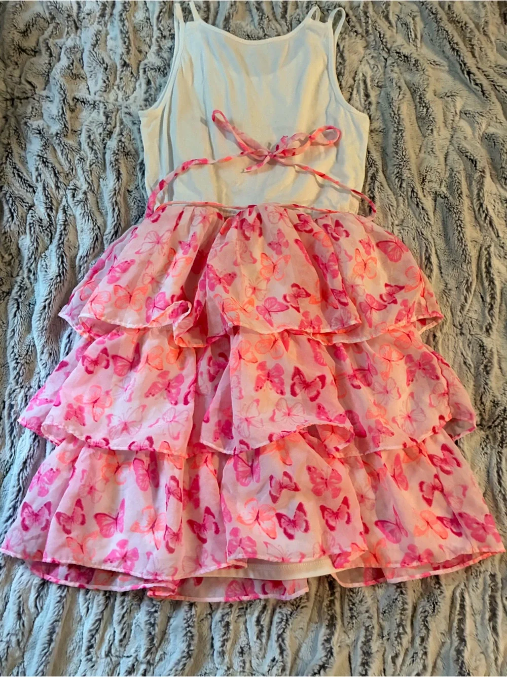 The Children’s Place Girls Pink Butterfly Tier White Tank Top Dress 10/12